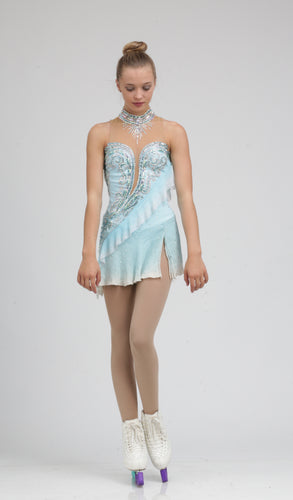 Tania Bass Signature ice skating dress Figure skating dress soft diagonal drape, intricate detailing, extensive coverage using Swarovski crystals, and a silk skirt. 