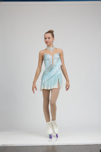 Tania Bass Signature ice skating dress Figure skating dress soft diagonal drape, intricate detailing, extensive coverage using Swarovski crystals, and a silk skirt. 