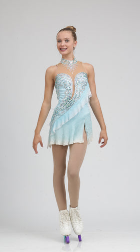 Tania Bass Signature ice skating dress Figure skating dress soft diagonal drape, intricate detailing, extensive coverage using Swarovski crystals, and a silk skirt. 